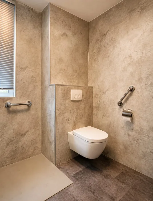Wit hangtoilet met steunbeugels en toiletrolhouder tegen steenlook wandpanelen naast een drempelloze douche
