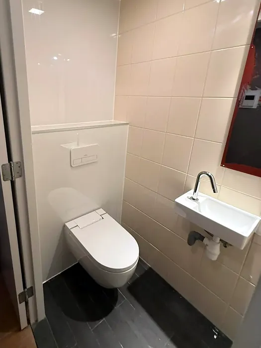 Hangtoilet en wit fonteintje in een lichte toiletruimte