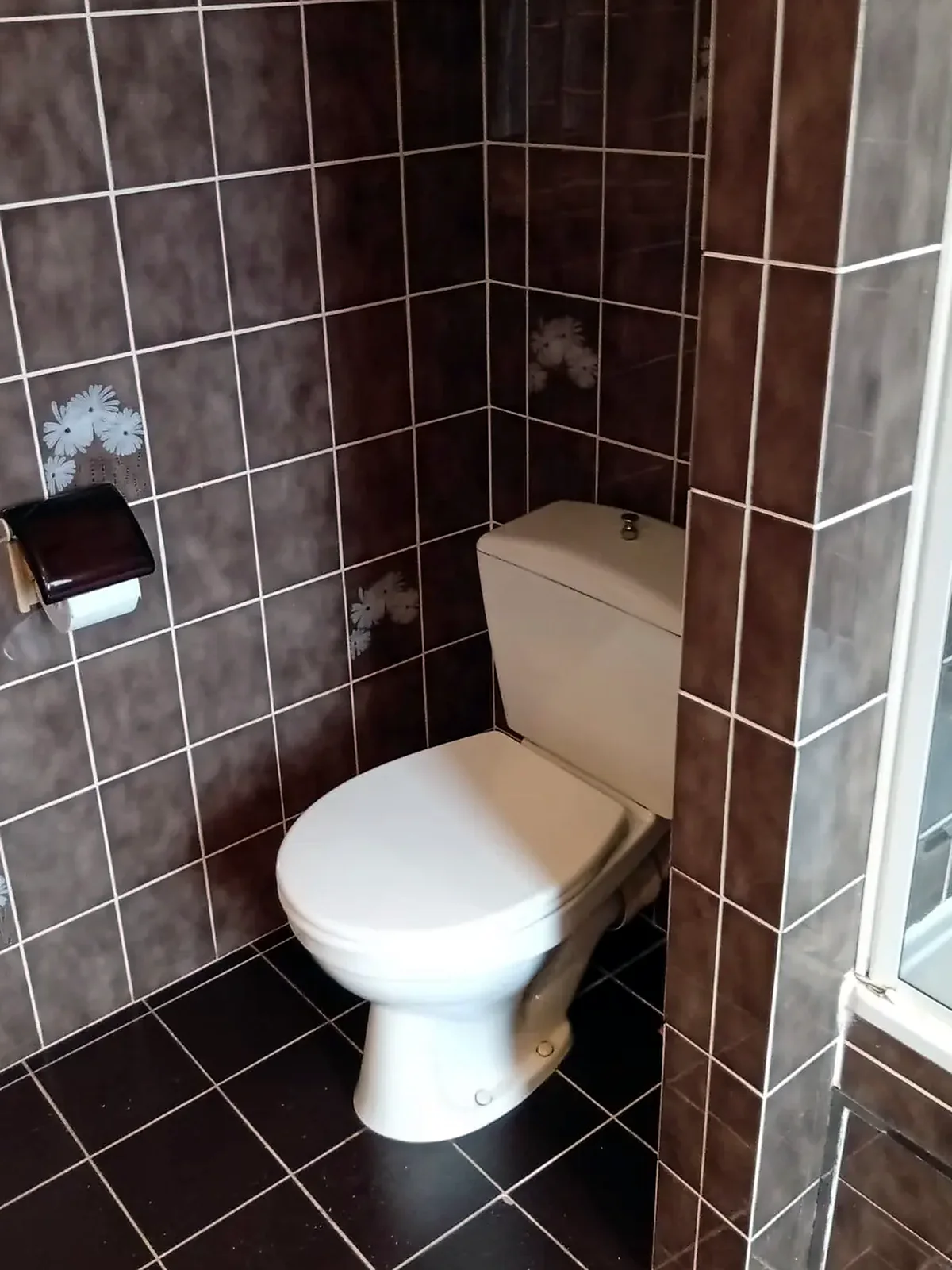 Staand toilet met zichtbaar reservoir tussen bruine tegels, vóór de renovatie