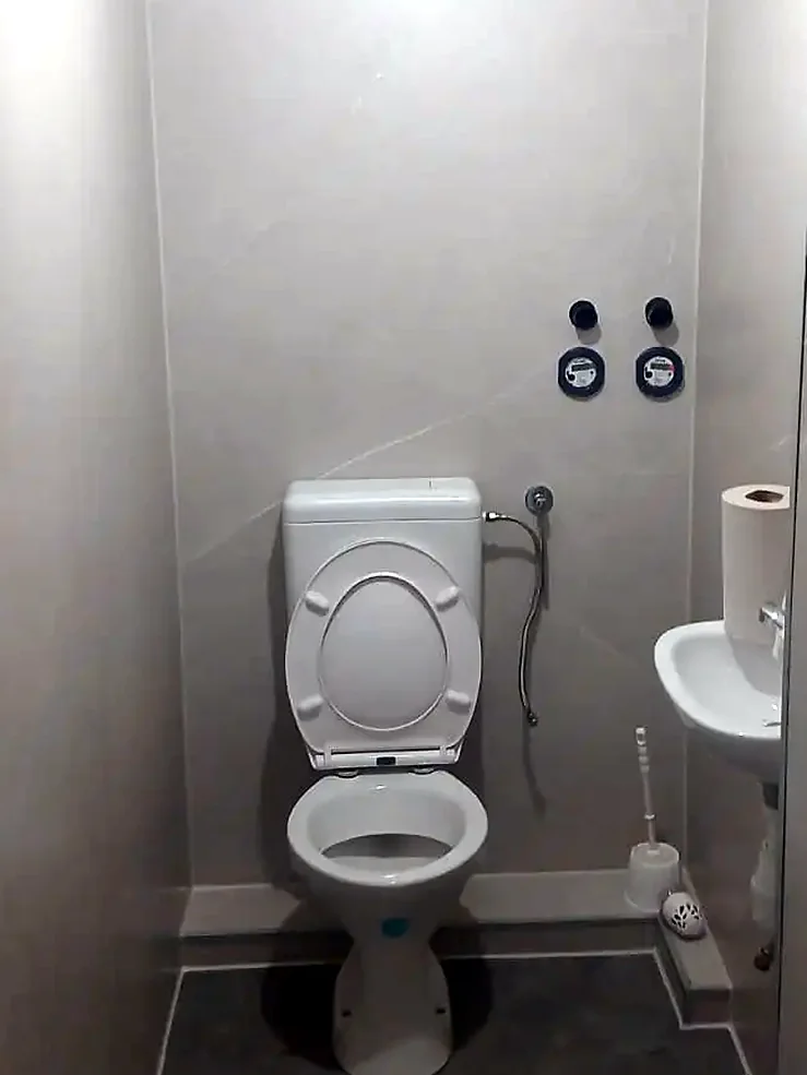 Dezelfde smalle toiletruimte na de renovatie met lichte wandpanelen